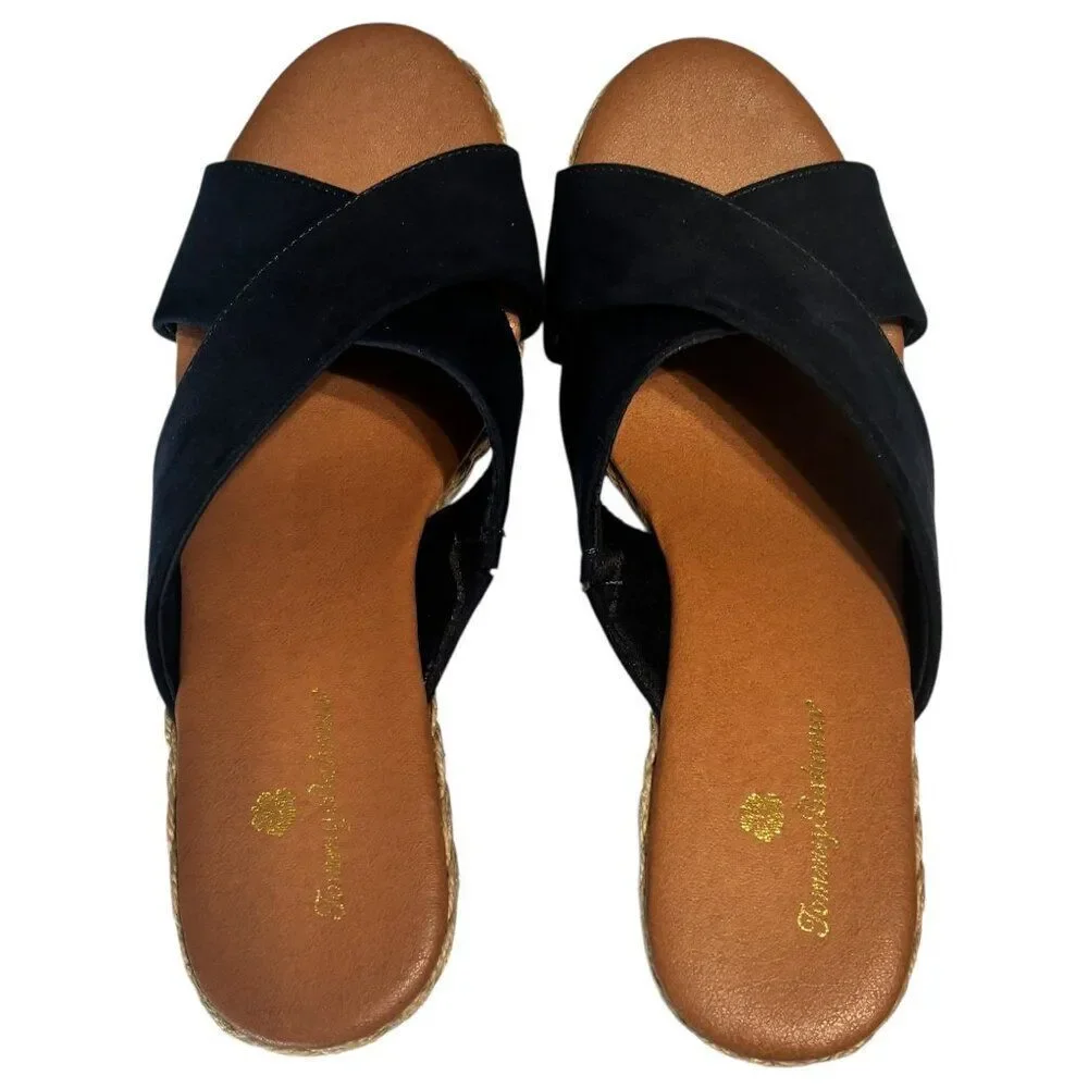 Tommy Bahama Stacey Espadrille Wedge Sandals 8.5 Slide Navy Criss-Cross Strap